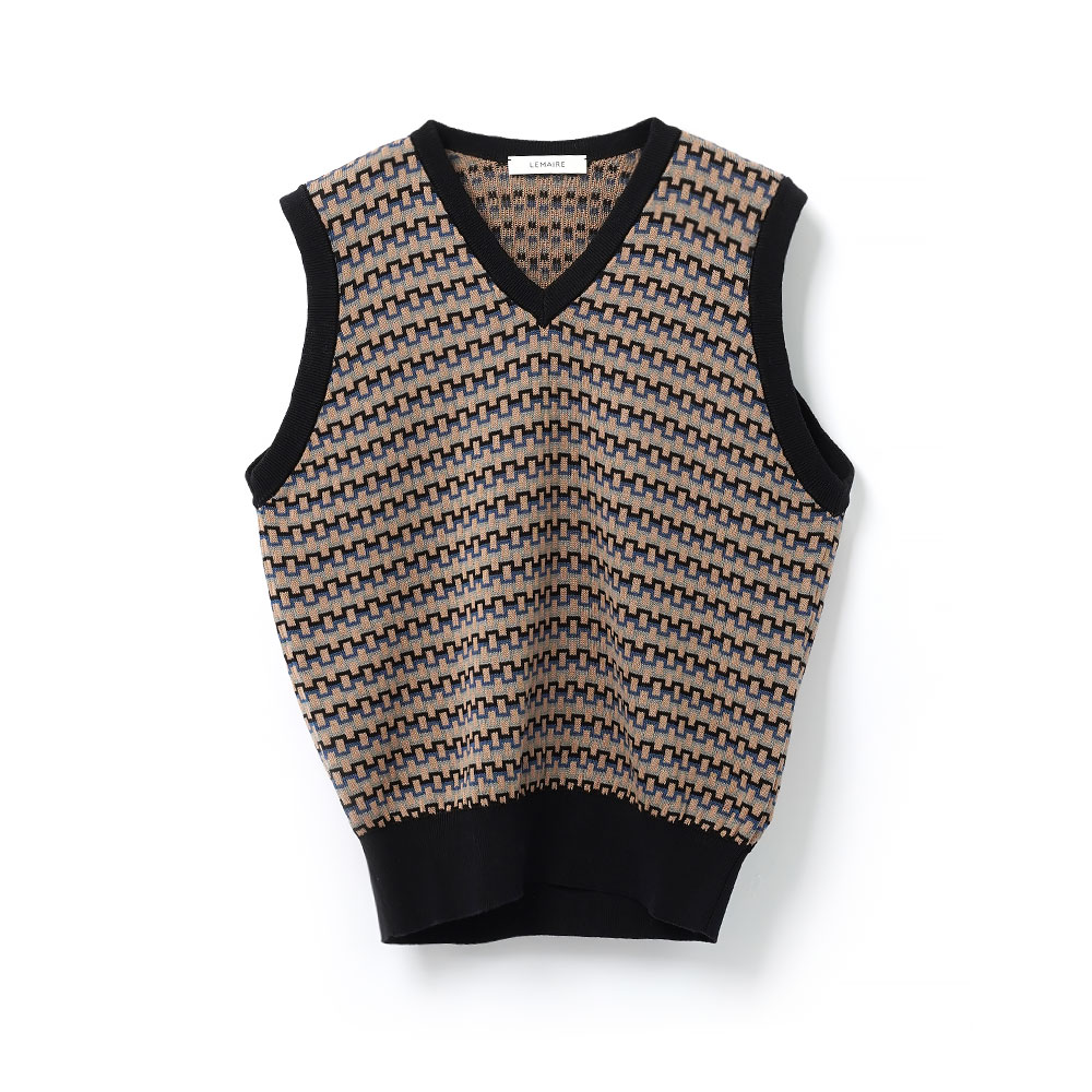 V NECK JACQUARD VEST BLACK/BEIGE/BLUE