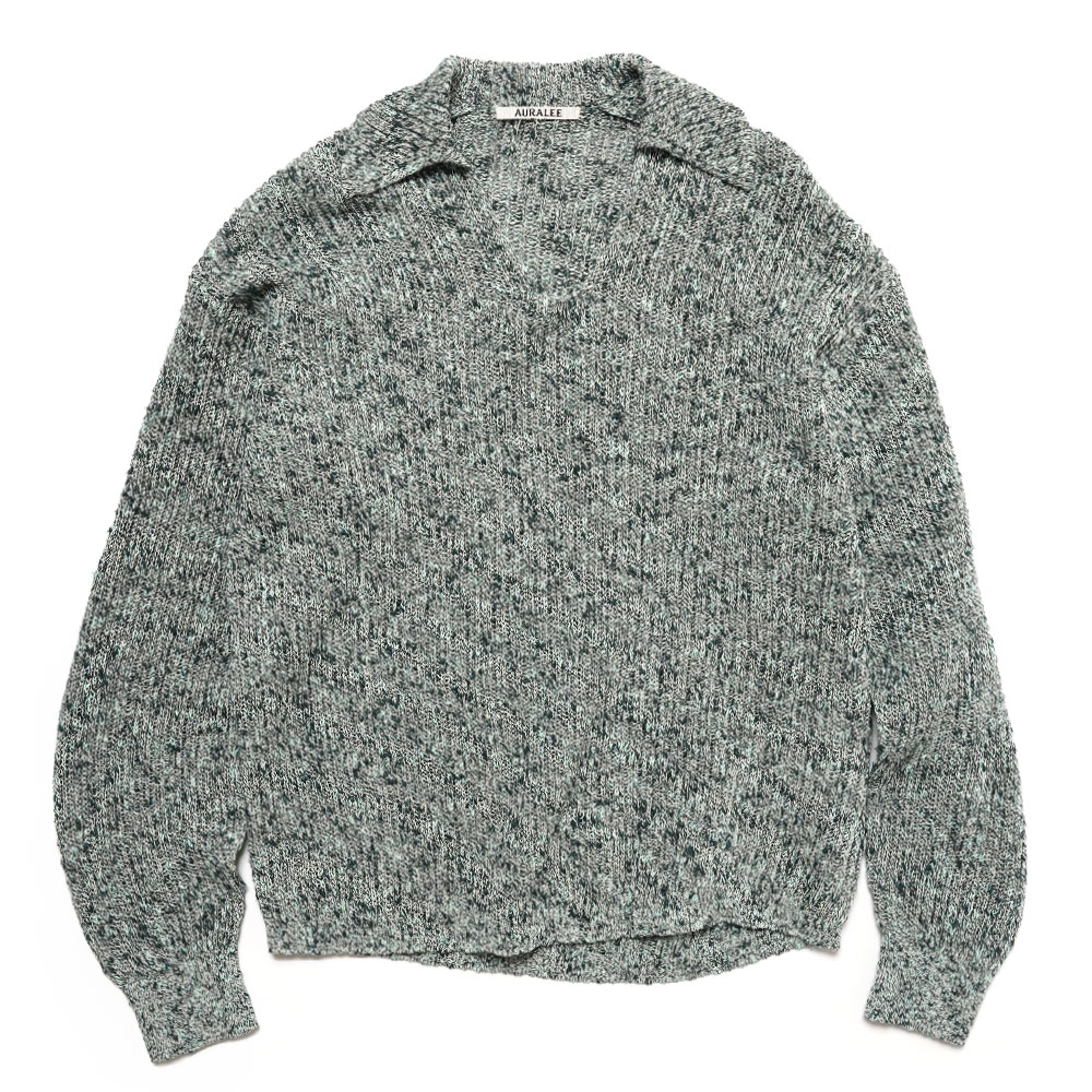 COTTON SLUB MIX TOP YARN RIB KNIT SKIPPER POLO TOP GREEN