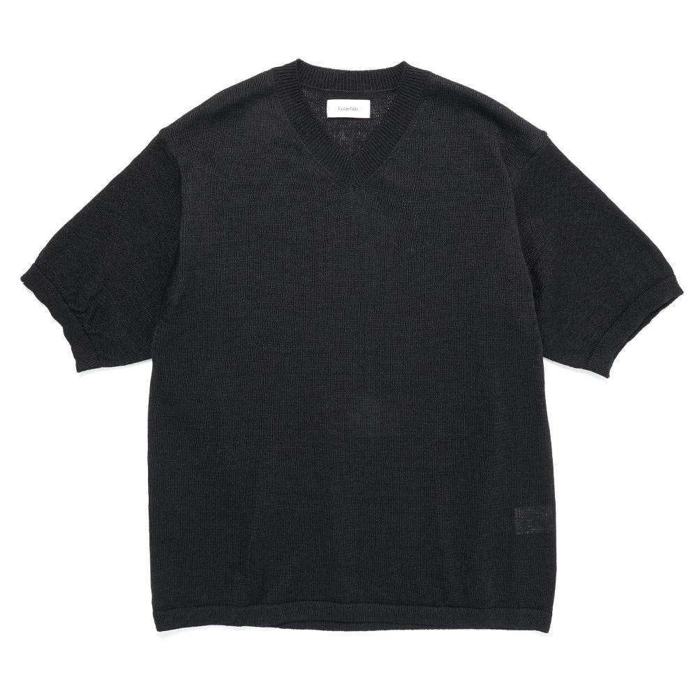 LINEN VNECK HALF SLEEVE KNIT BLACK