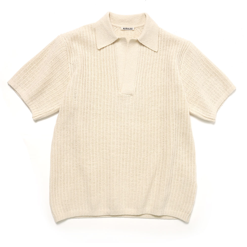 BRUSHED COTTON WOOL RIB KNIT SKIPPER POLO ECRU