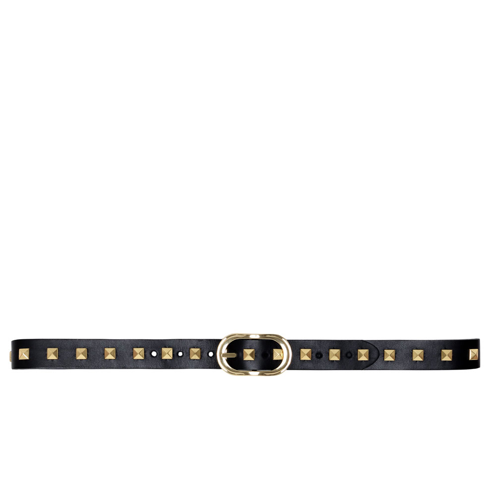 STUDDED GOLD BUCKLE LEATHER BELT BLACK W/GOLD STUDS
