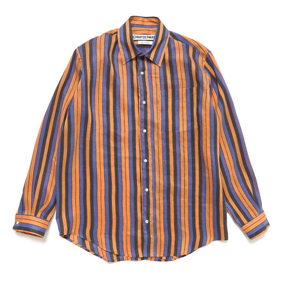 SHIRT NON-BINARY LINEN SILK STRIPE BLUE AND ORANGE