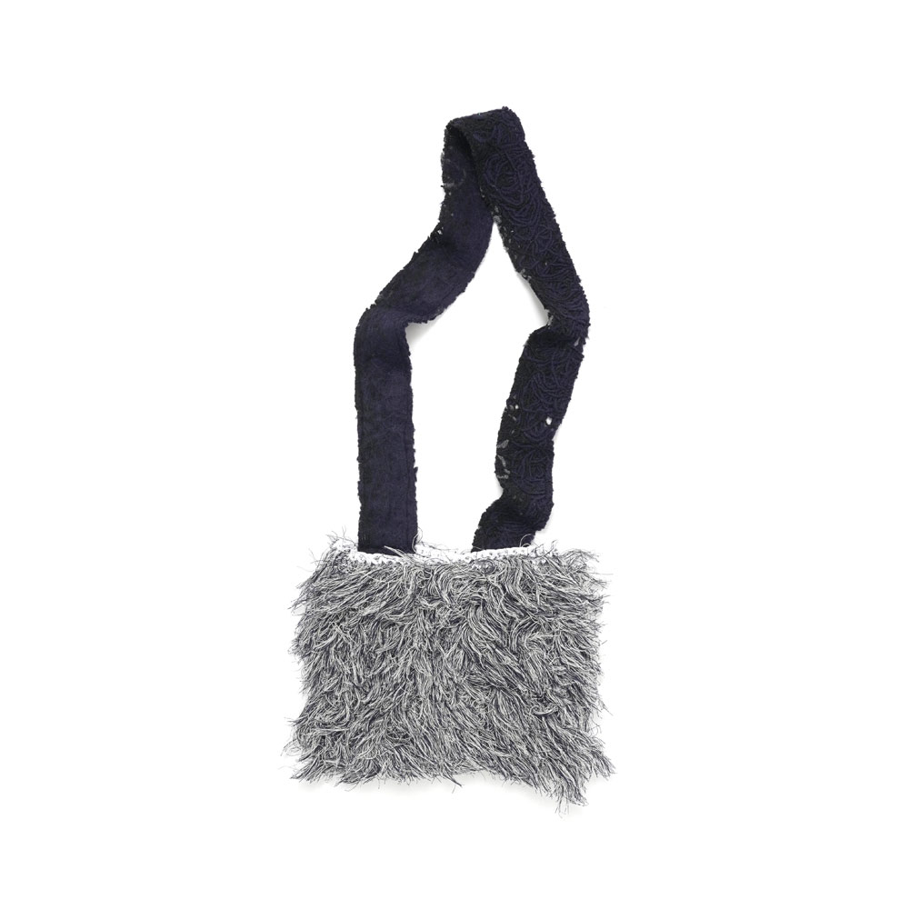 CROCHET POUCH BAG WITH YARN-PUNCTURED DENIM STRAP SAND CROCHET + SELVEDGE FRINGES _