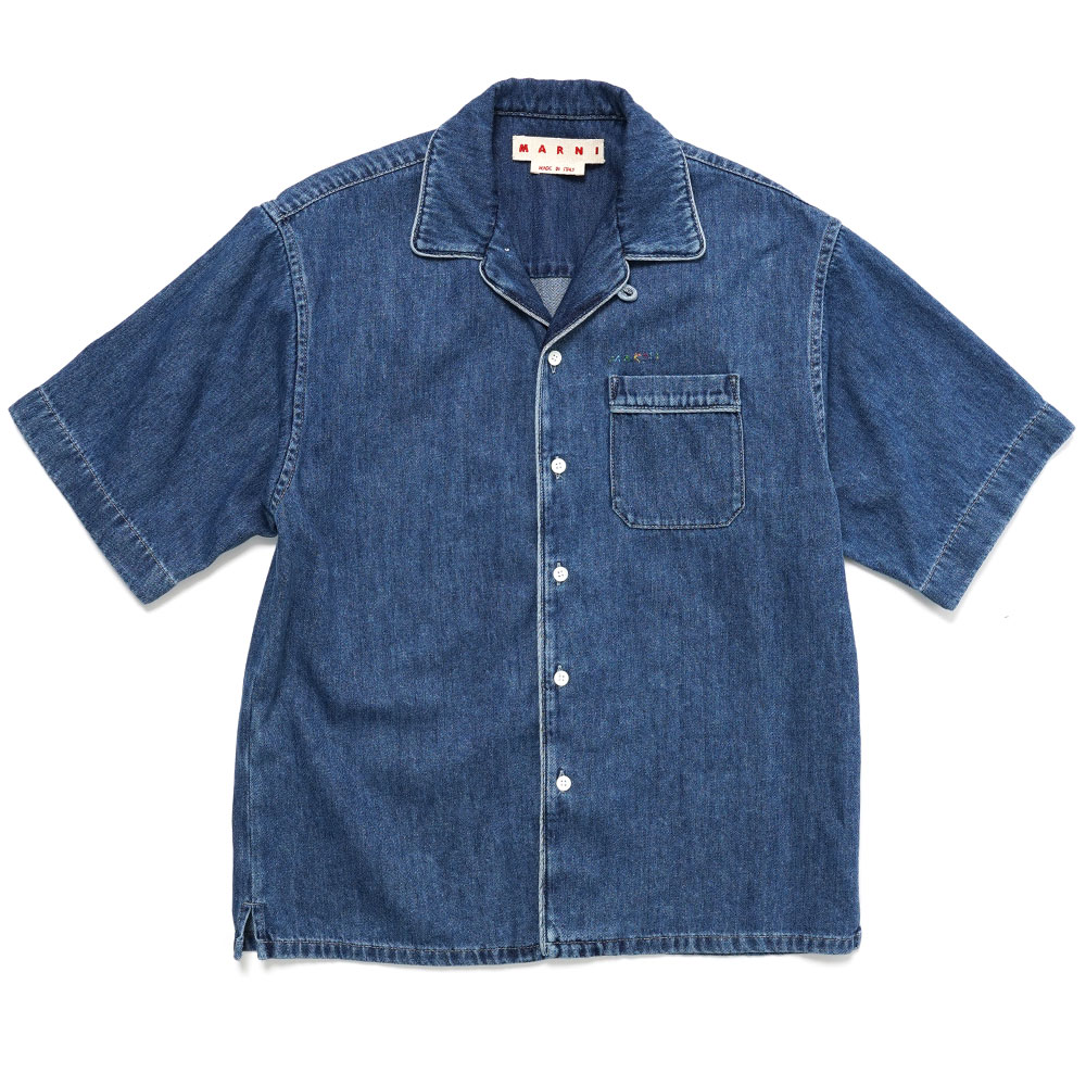 LIGHT WEIGHT STONE WASHED DENIM BOWLING SHIRT BLUE LEAF