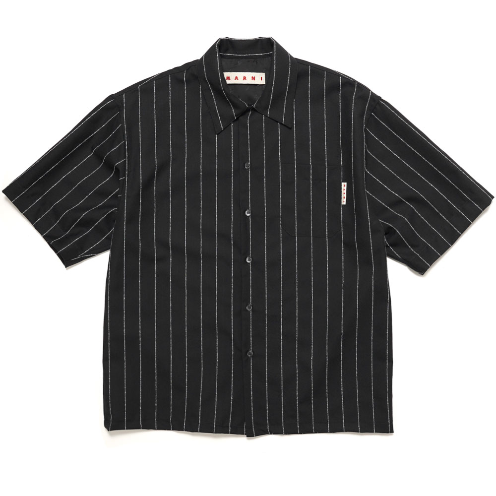 BLACK PINSTRIPED FRESCO WOOL S/S SHIRT BLACK