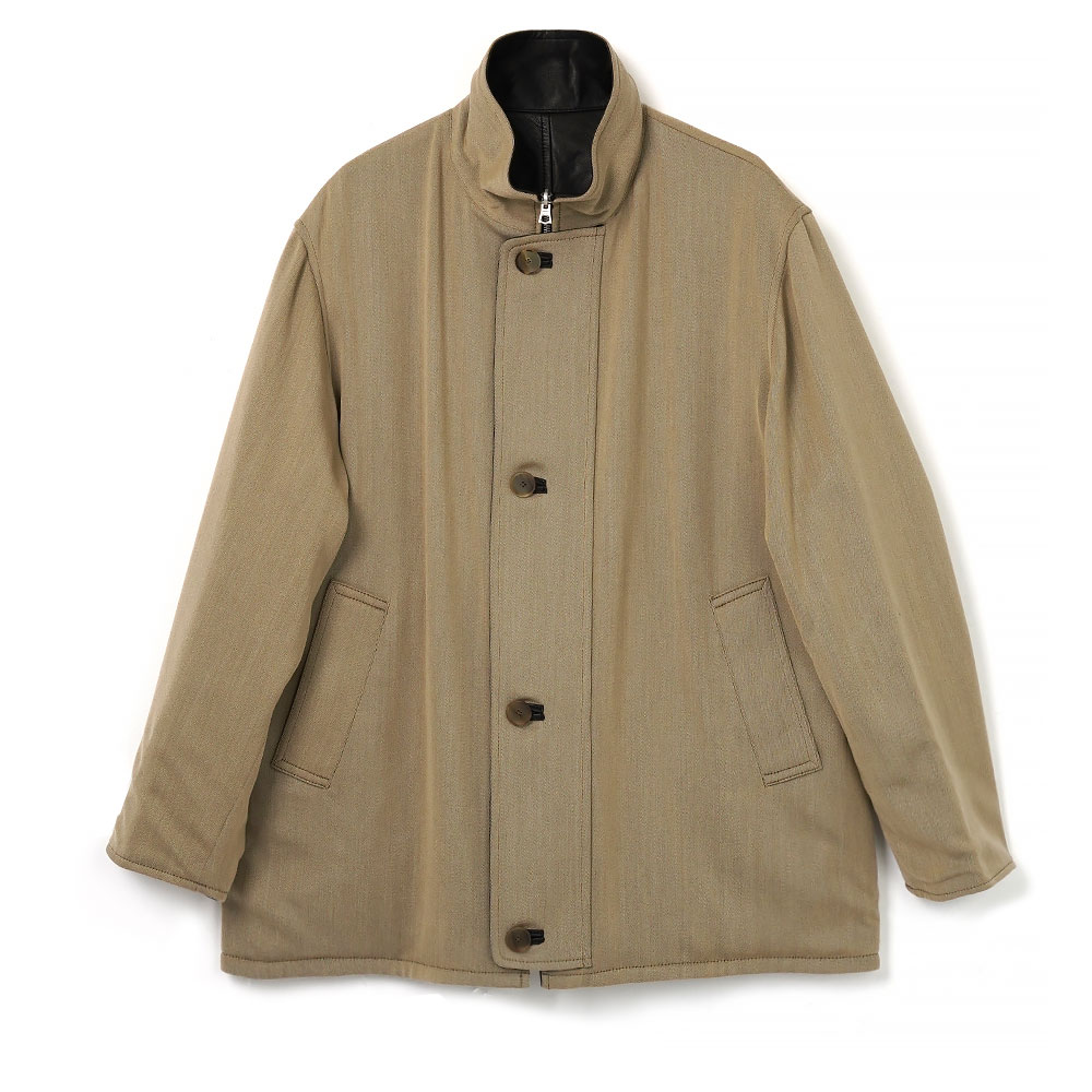 REVERSIBLE WOOL TWISTED TWILL / SHEEP LEATHER HALF COAT KHAKI BEIGE × BLACK A26AC01AN