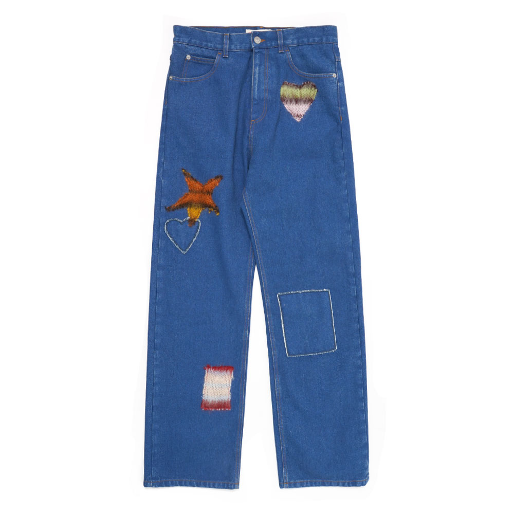 BLUE COATED DENIM JEANS WITH MOHAIR PATCHES OCEAN