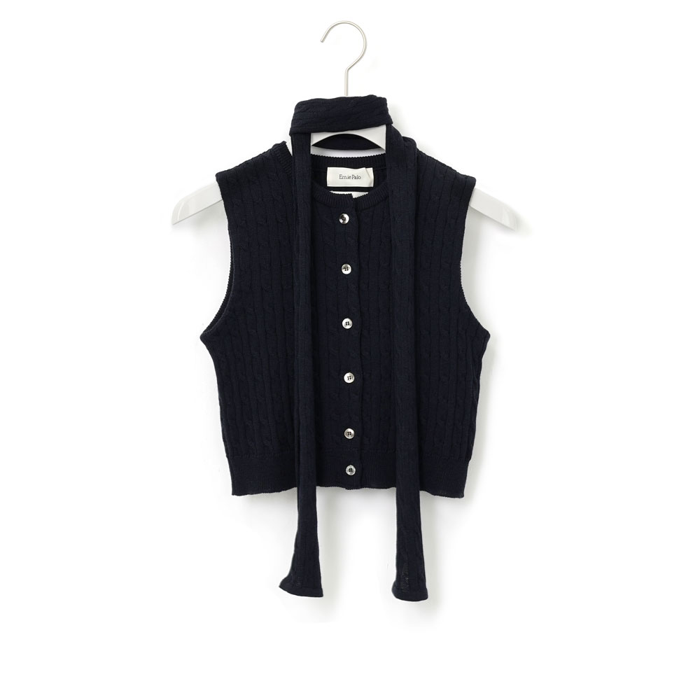 ERNIE PALO × TAN CABLE KNIT VEST WITH SCARF NAVY