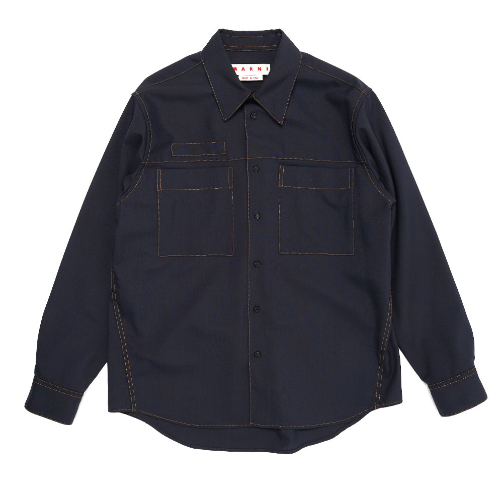 TROPICAL WOOL SHIRT WITH YELLOW STITCH BLUE BLACK