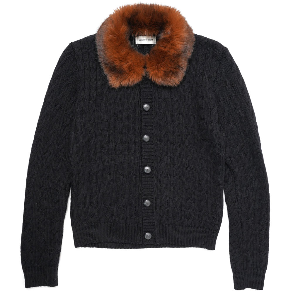 CABLE KNIT FAUX-FUR COLLAR CARDIGAN BLACK/BROWN COLLAR