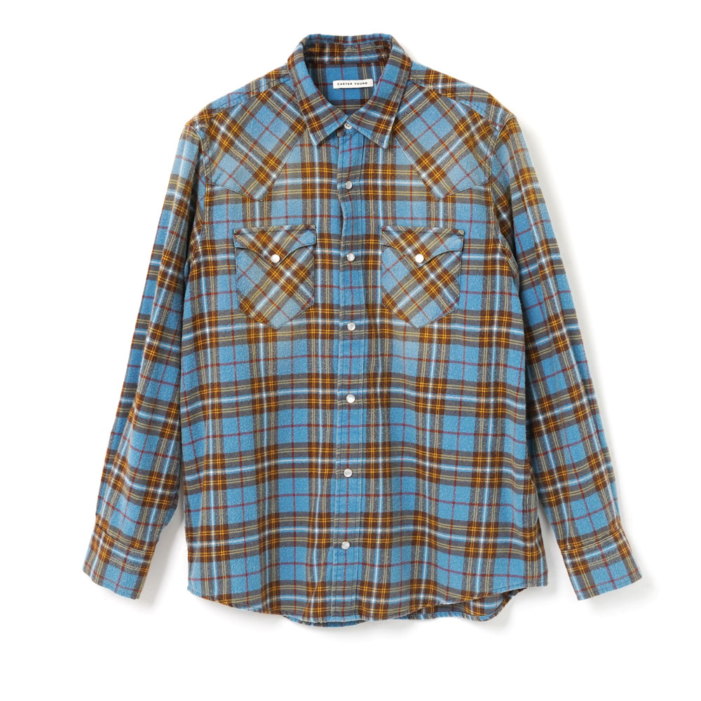 WASHED FLANNEL WESTERN SHIRT CORN FLOWER PLAID