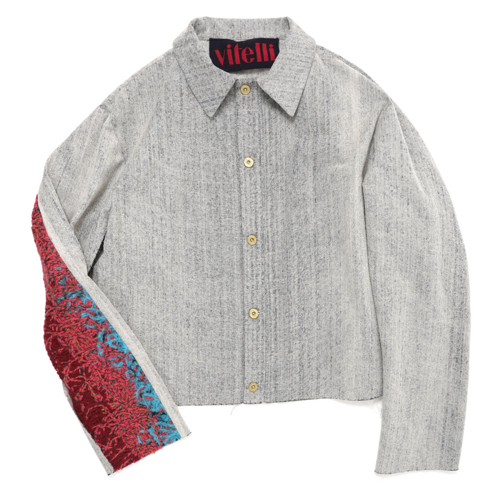 SILK-PUNCHED DENIM BIKER ZIP UP WITH DOOMBOH PANELS WHITE