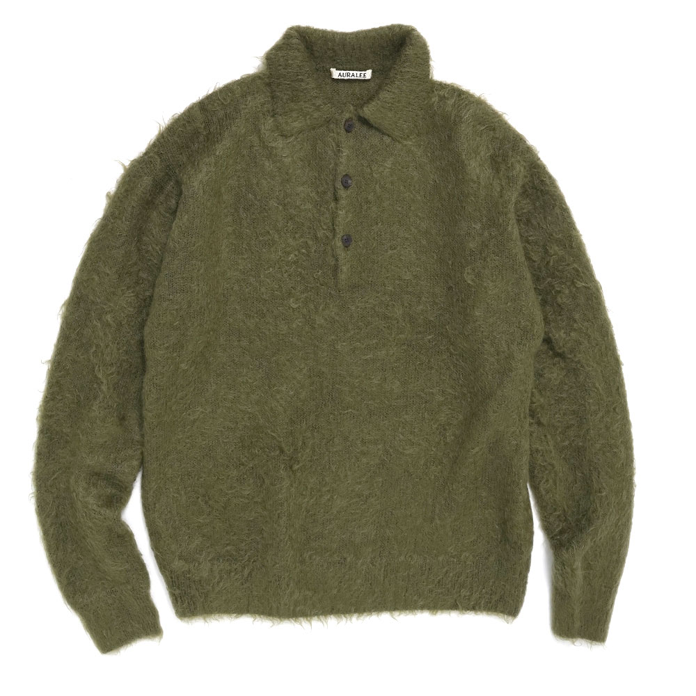 BRUSHED SUPER KID MOHAIR KNIT POLO OLIVE A25AP01KM