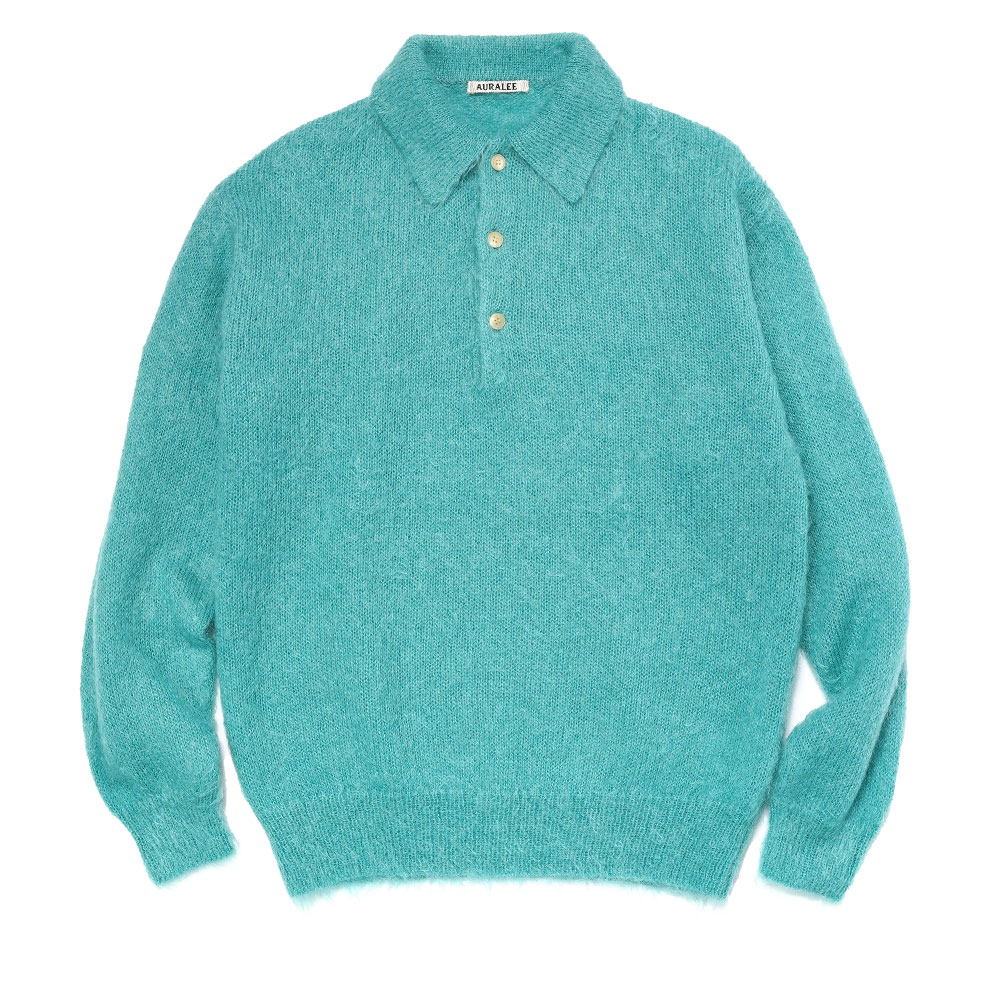 BRUSHED SUPER KID MOHAIR KNIT POLO BLUE