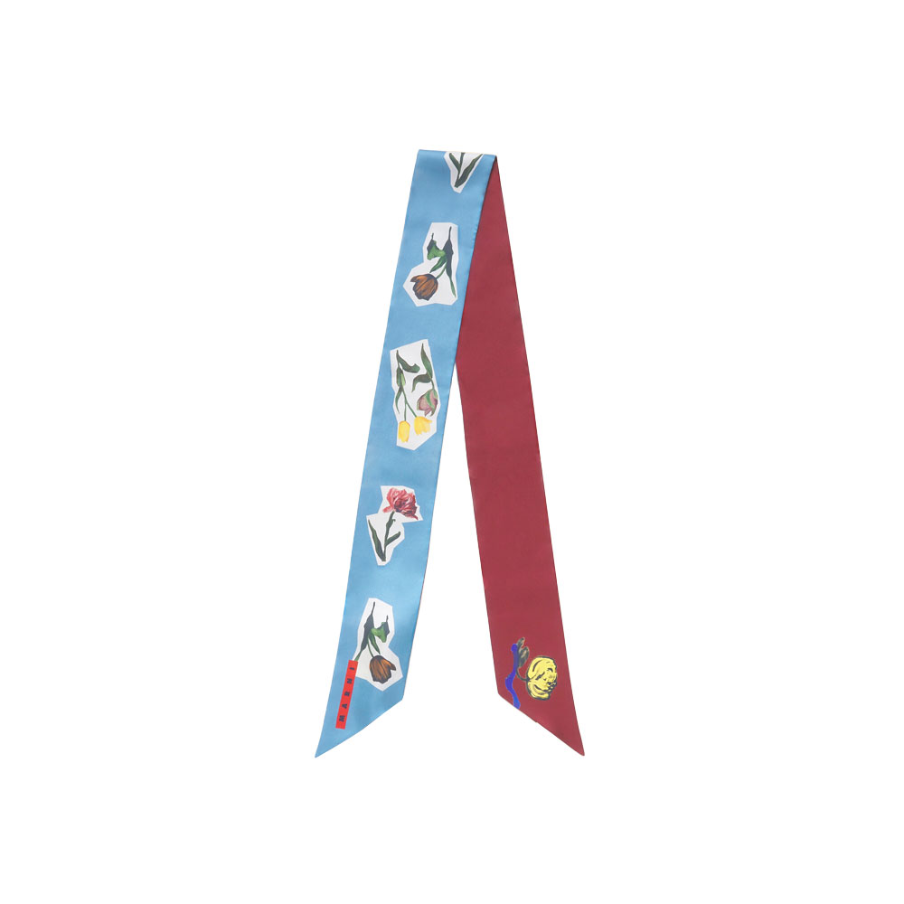 BLUE SILK SCARF WITH FLOWER COLLAGE ORANGE