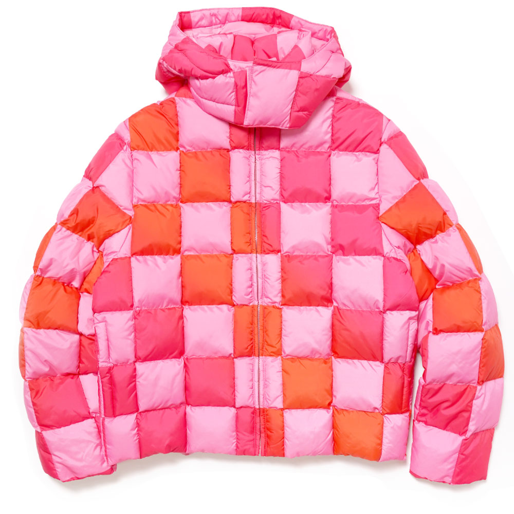 UNISEX GRADIENT CHECKER HOODED PUFFER COAT WOVEN PINK _