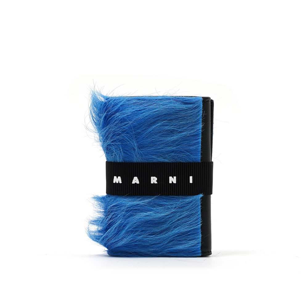 BLUE LONG HAIR CALFSKIN TRIFOLD WALLET WITH LOGO STRAP ROYAL